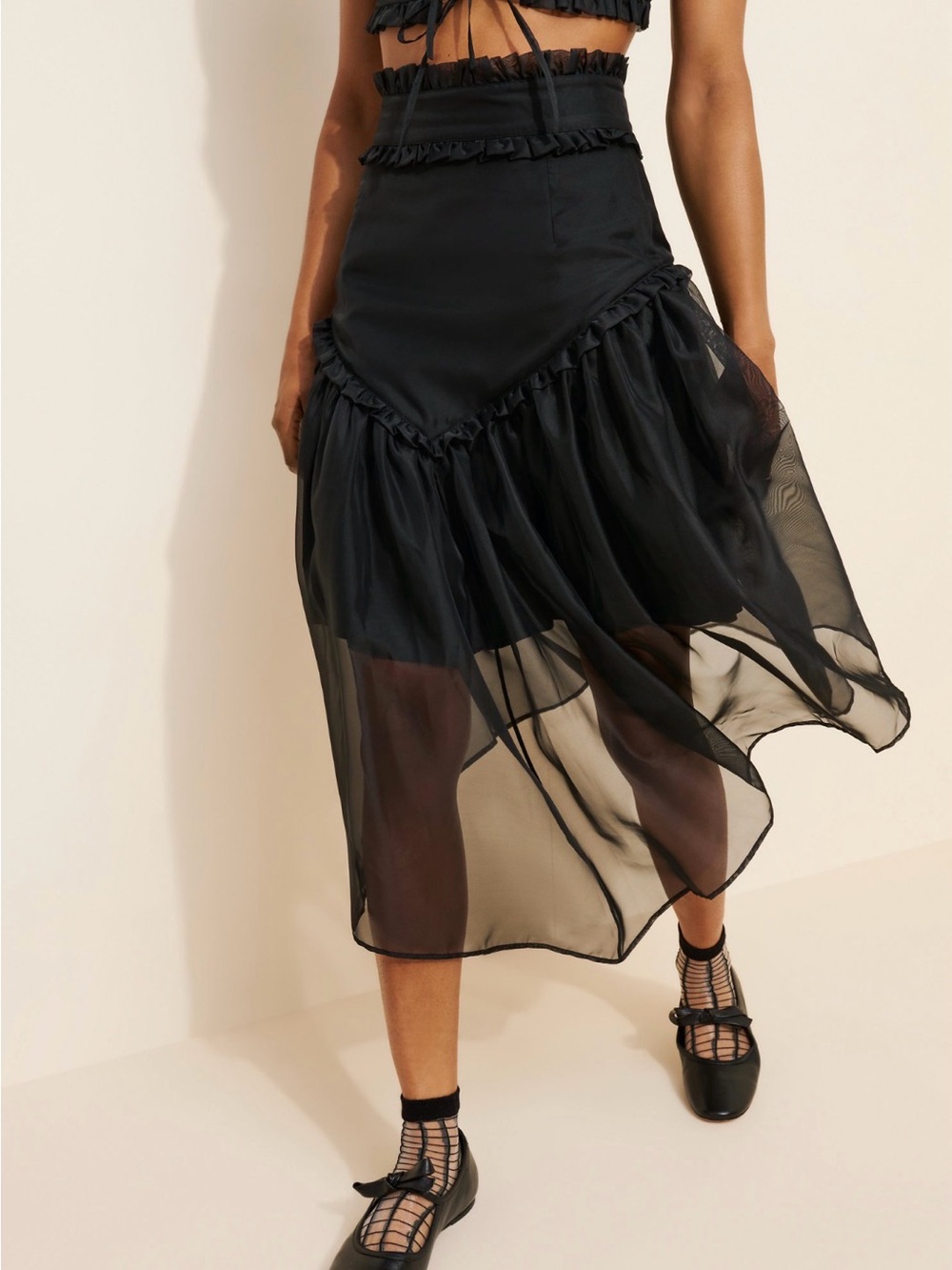 Naya Black Sheer Ruffle Midi Skirt